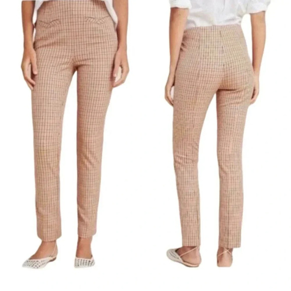 Anthropologie Essential Slim Pant Pink Tan Plaid Trouser Size 10 Career Work - Picture 1 of 14